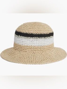 NWT Adjustable Badgley Mischka Beige Crochet Sun Hat with White & Black Bands